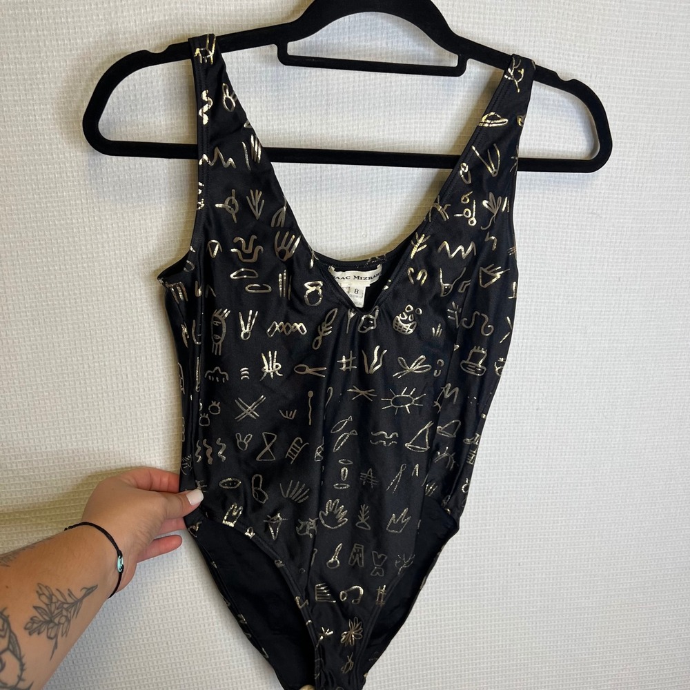 Isaac Mizrahi Womens Black Gold Metallic Hieroglyphic One Piece Swimsuit Size 8